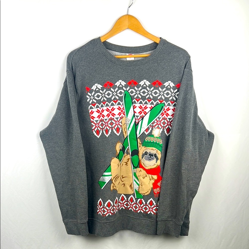 Holiday Time Men’s 2XL Gray and Red Crewneck Sweater Festive Accents Christmas